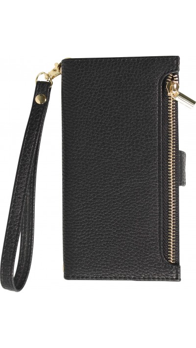 Fourre iPhone 15 - Flip Wallet en cuir végétal avec portefeuille et fermeture magnétique - Noir