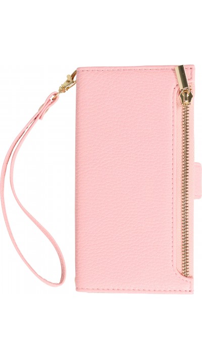 Fourre iPhone 15 - Flip Wallet en cuir végétal avec portefeuille et fermeture magnétique - Rose