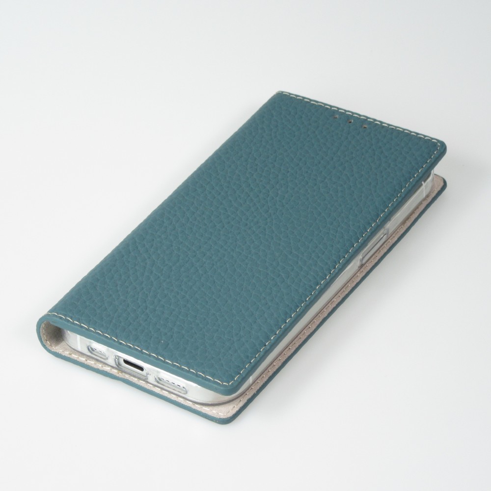 Fourre iPhone 15 Pro - Flip 3D cuir grainé véritable de vache - Bleu