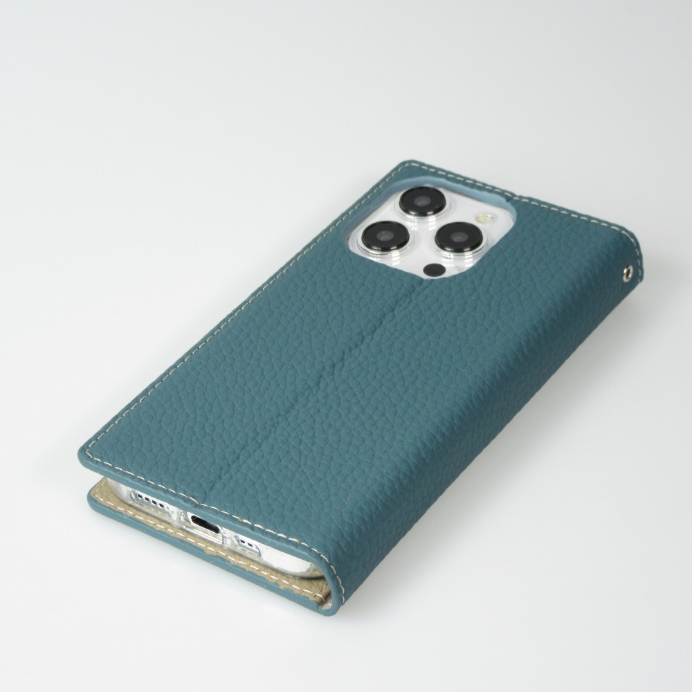 Fourre iPhone 15 Pro - Flip 3D cuir grainé véritable de vache - Bleu