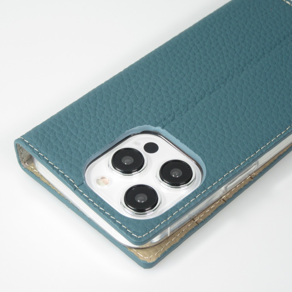 Fourre iPhone 15 Pro - Flip 3D cuir grainé véritable de vache - Bleu