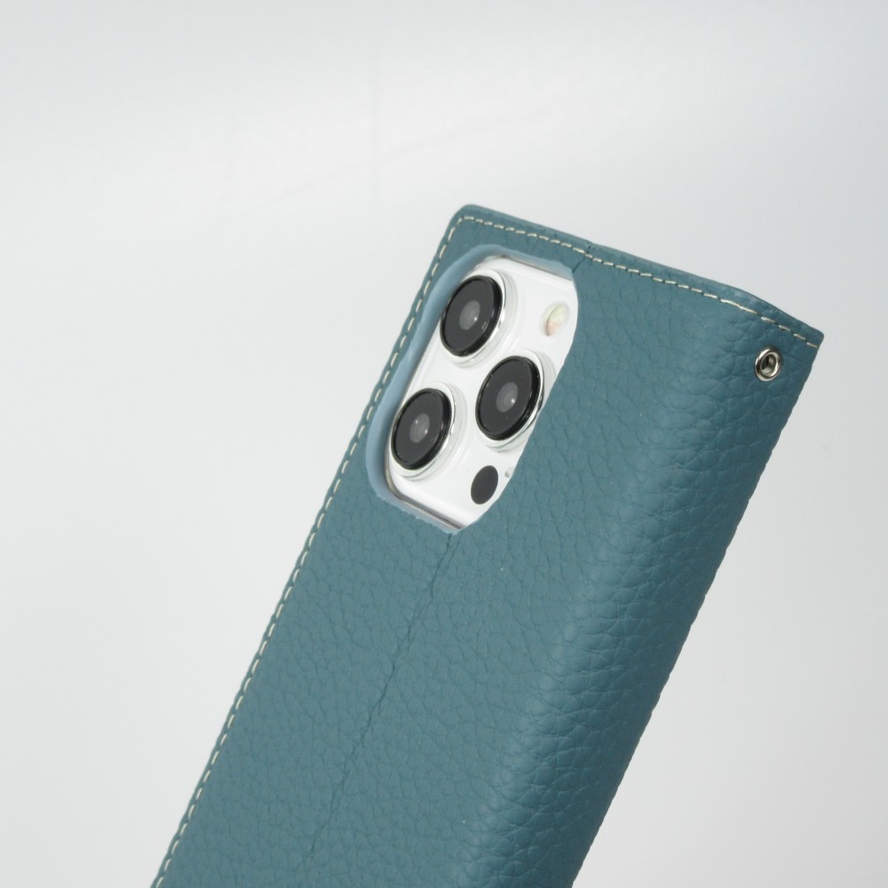 Fourre iPhone 15 Pro - Flip 3D cuir grainé véritable de vache - Bleu