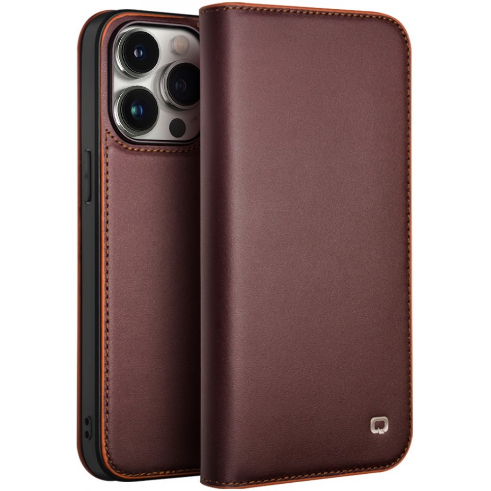 Fourre iPhone 15 Pro - Flip Qialino cuir véritable - Brun foncé mat