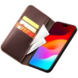 Fourre iPhone 15 Pro - Flip Qialino cuir véritable - Brun foncé mat