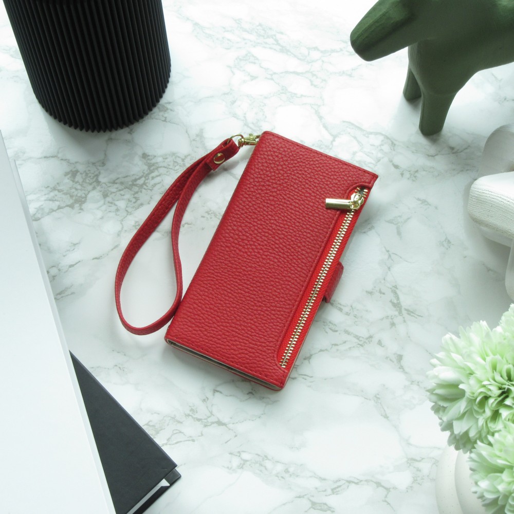 Fourre iPhone 15 Pro - Flip Wallet en cuir végétal avec portefeuille et fermeture magnétique - Rouge