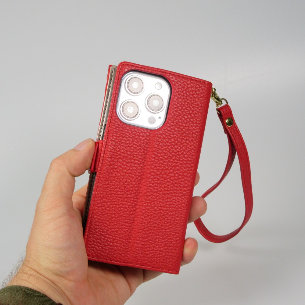 Fourre iPhone 15 Pro - Flip Wallet en cuir végétal avec portefeuille et fermeture magnétique - Rouge