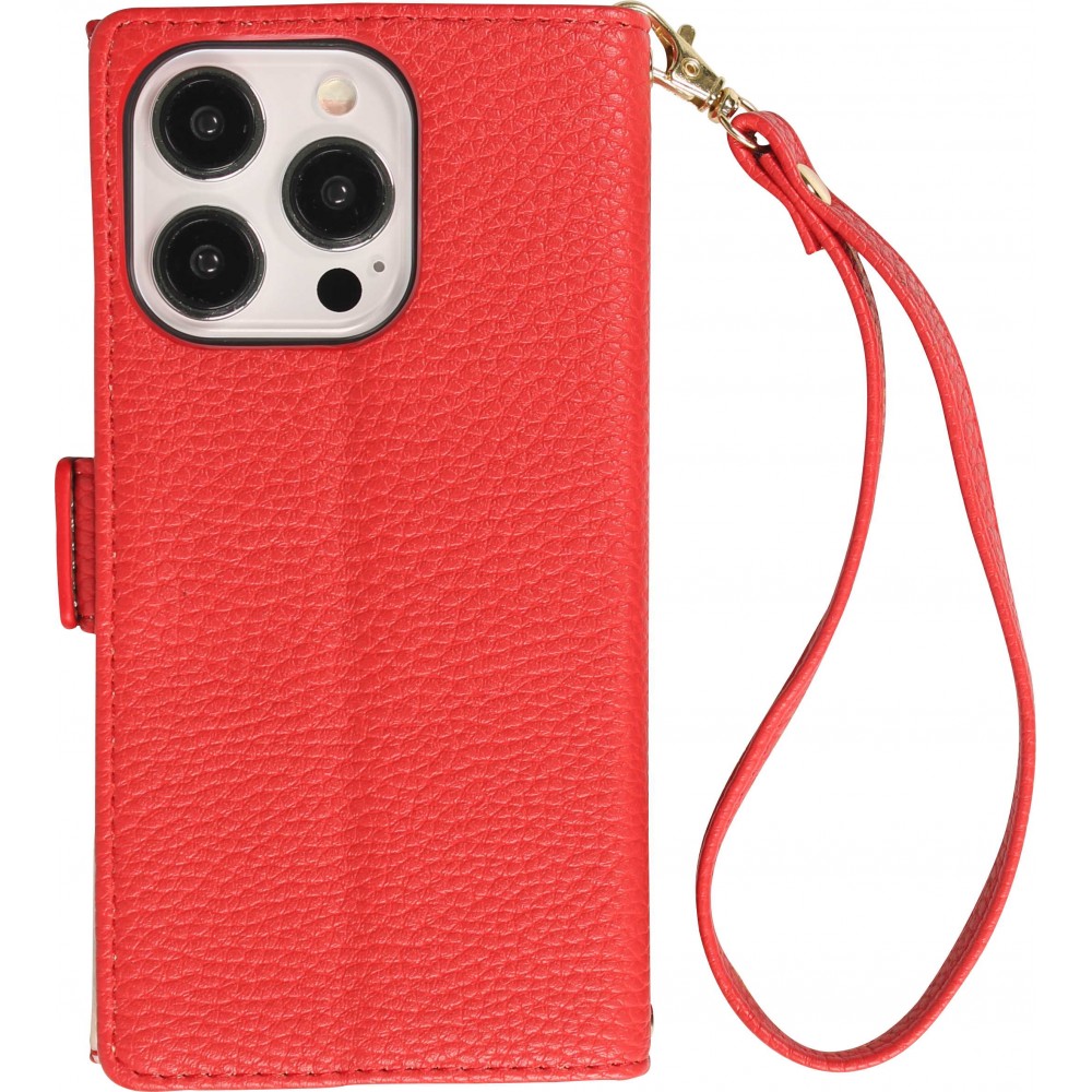 Fourre iPhone 15 Pro - Flip Wallet en cuir végétal avec portefeuille et fermeture magnétique - Rouge