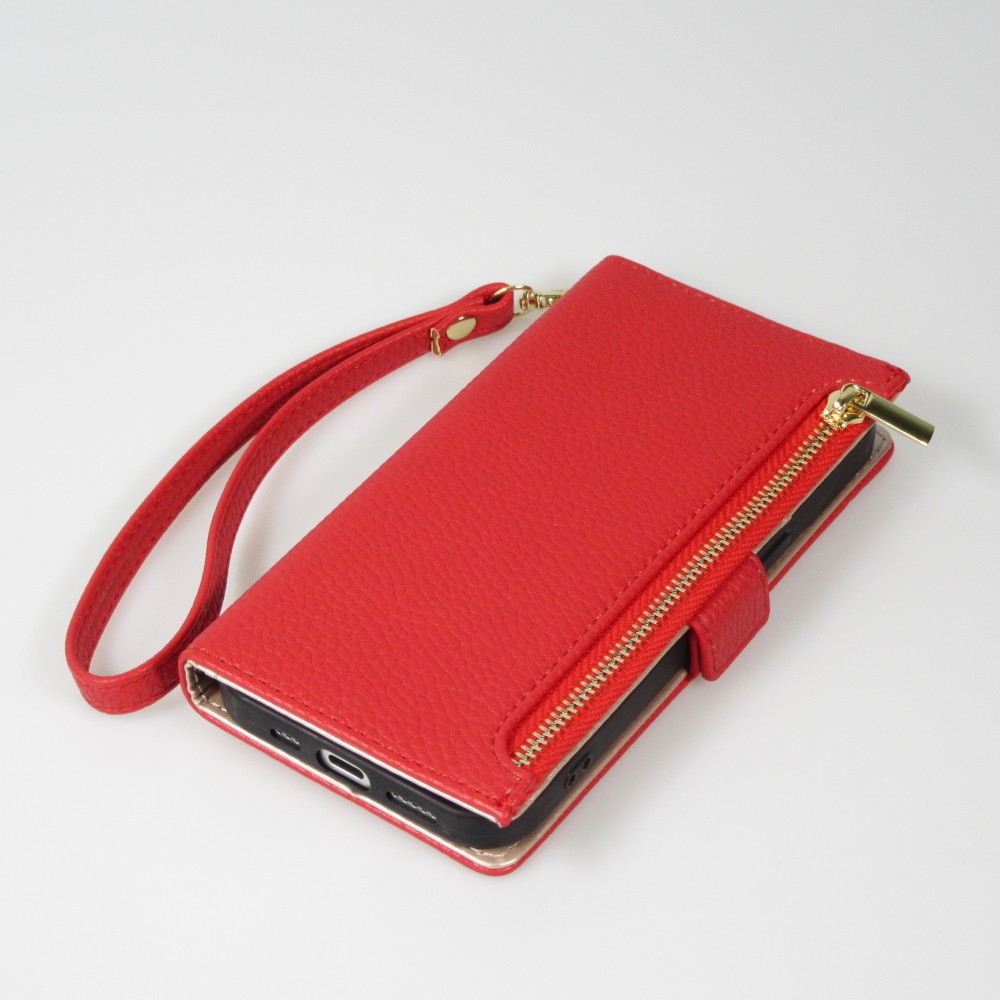 Fourre iPhone 15 Pro - Flip Wallet en cuir végétal avec portefeuille et fermeture magnétique - Rouge