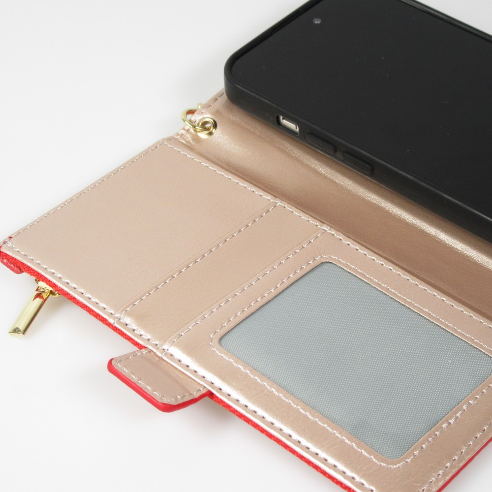 Fourre iPhone 15 Pro - Flip Wallet en cuir végétal avec portefeuille et fermeture magnétique - Rouge