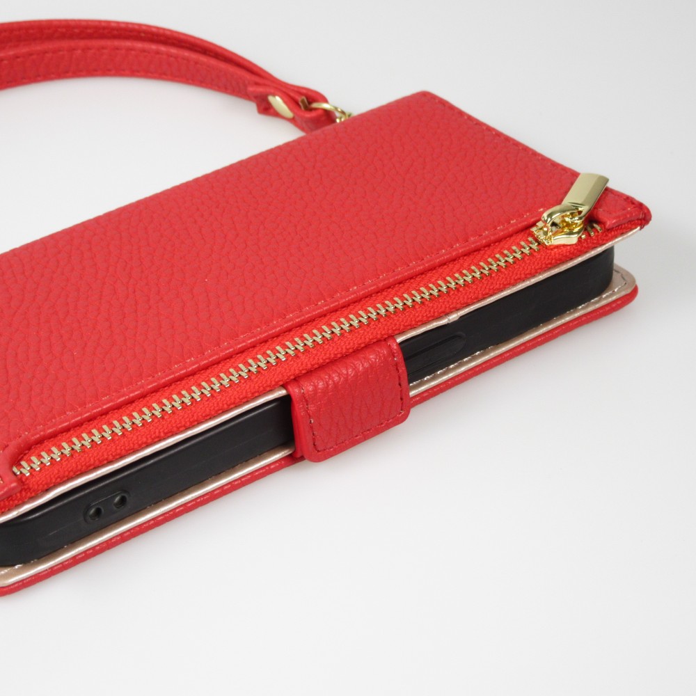 Fourre iPhone 15 Pro - Flip Wallet en cuir végétal avec portefeuille et fermeture magnétique - Rouge