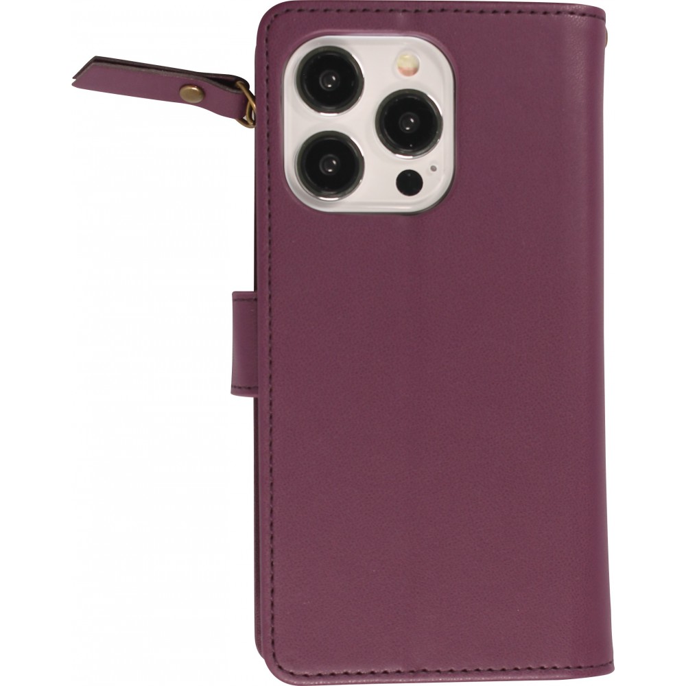 Fourre iPhone 15 Pro Max - Etui portefeuille luxueux et sophistiqué en cuir avec aimant et compartiment à monnaie - Violet foncé