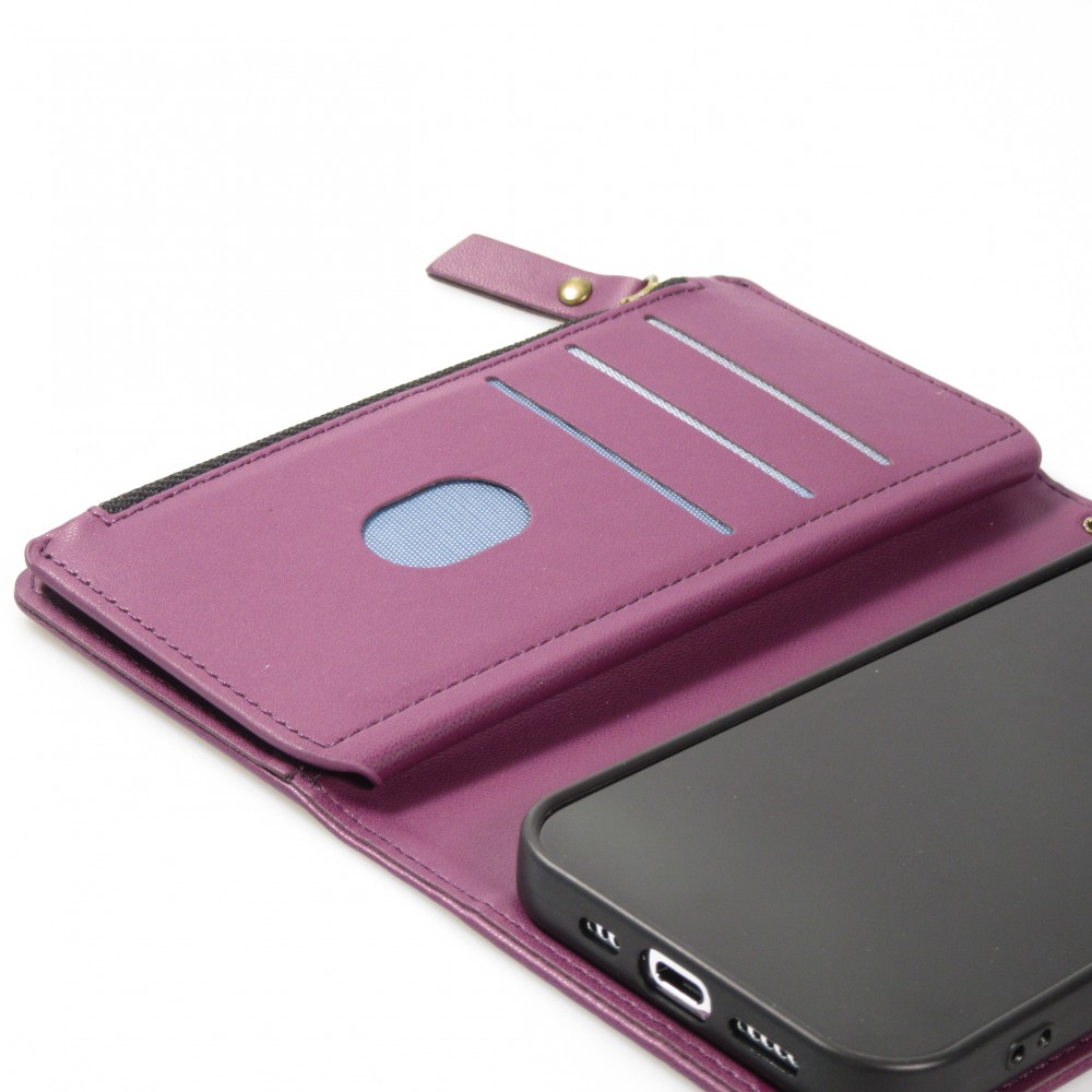 Fourre iPhone 15 Pro Max - Etui portefeuille luxueux et sophistiqué en cuir avec aimant et compartiment à monnaie - Violet foncé