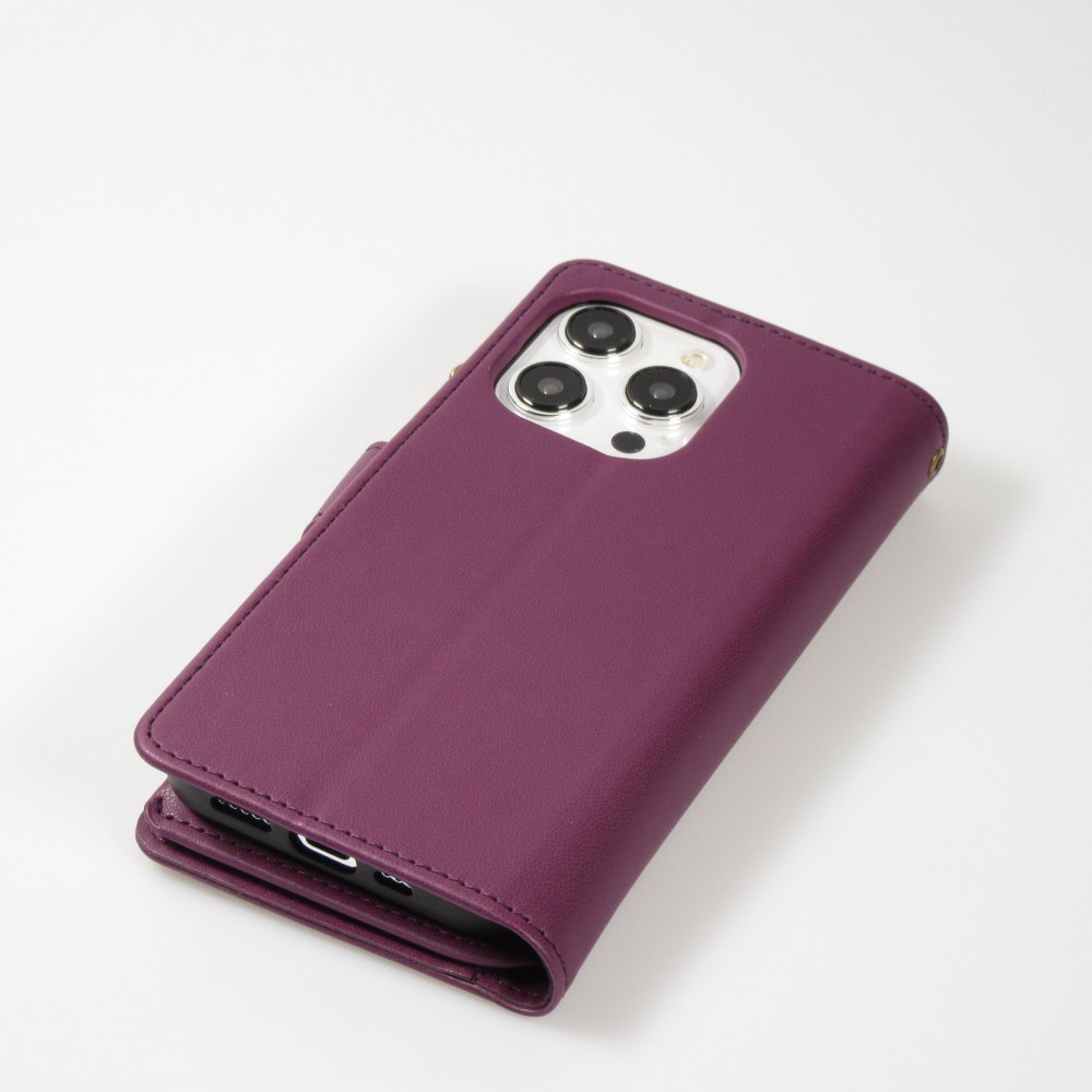 Fourre iPhone 15 Pro Max - Etui portefeuille luxueux et sophistiqué en cuir avec aimant et compartiment à monnaie - Violet foncé