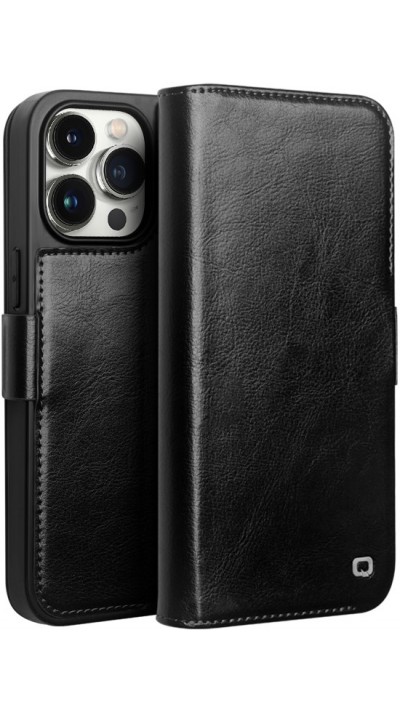 Fourre iPhone 14 Pro - Flip Qialino cuir véritable avec fermeture magnétique - Noir