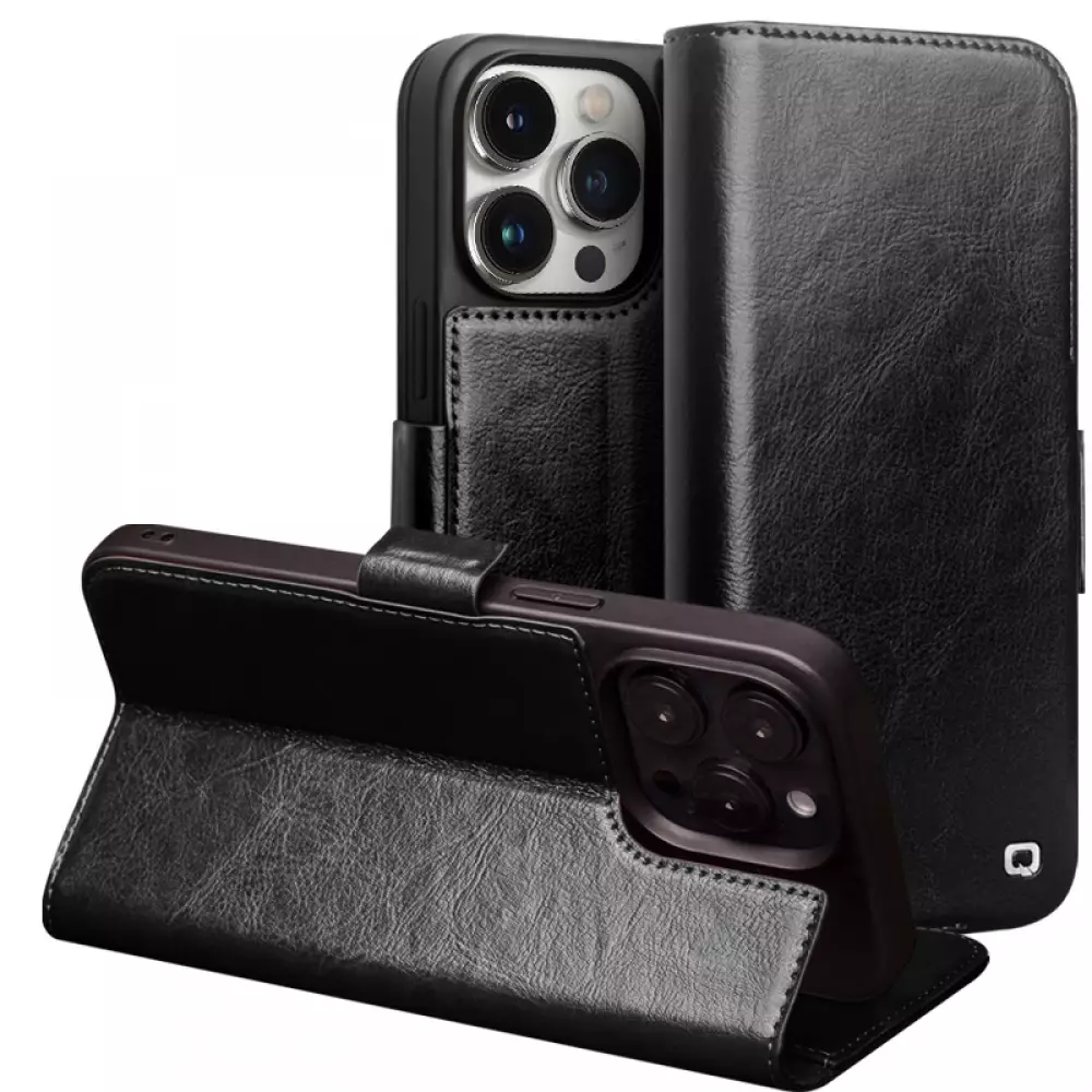 iPhone 14 Pro Max Case Hülle - Flip Qialino Echtleder mit magnetischem Verschluss - Schwarz