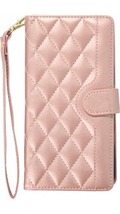 Fourre iPhone 16 - Flip matelassé élégant avec fermeture magnétique et lanière et emplacements pour cartes - Or rose