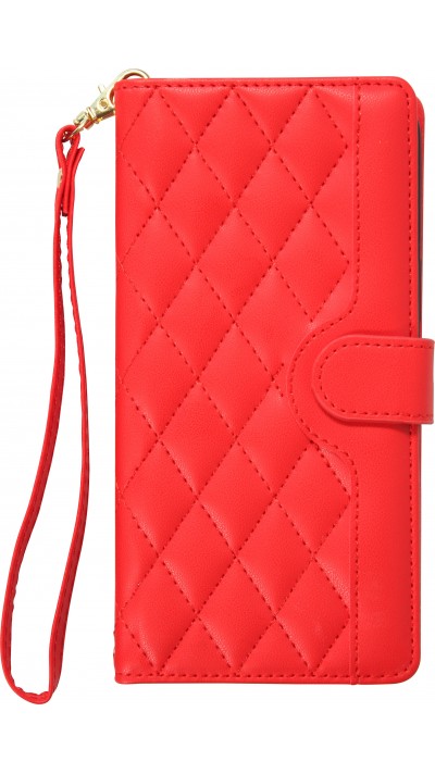 Fourre iPhone 16 - Flip matelassé élégant avec fermeture magnétique et lanière et emplacements pour cartes - Rouge