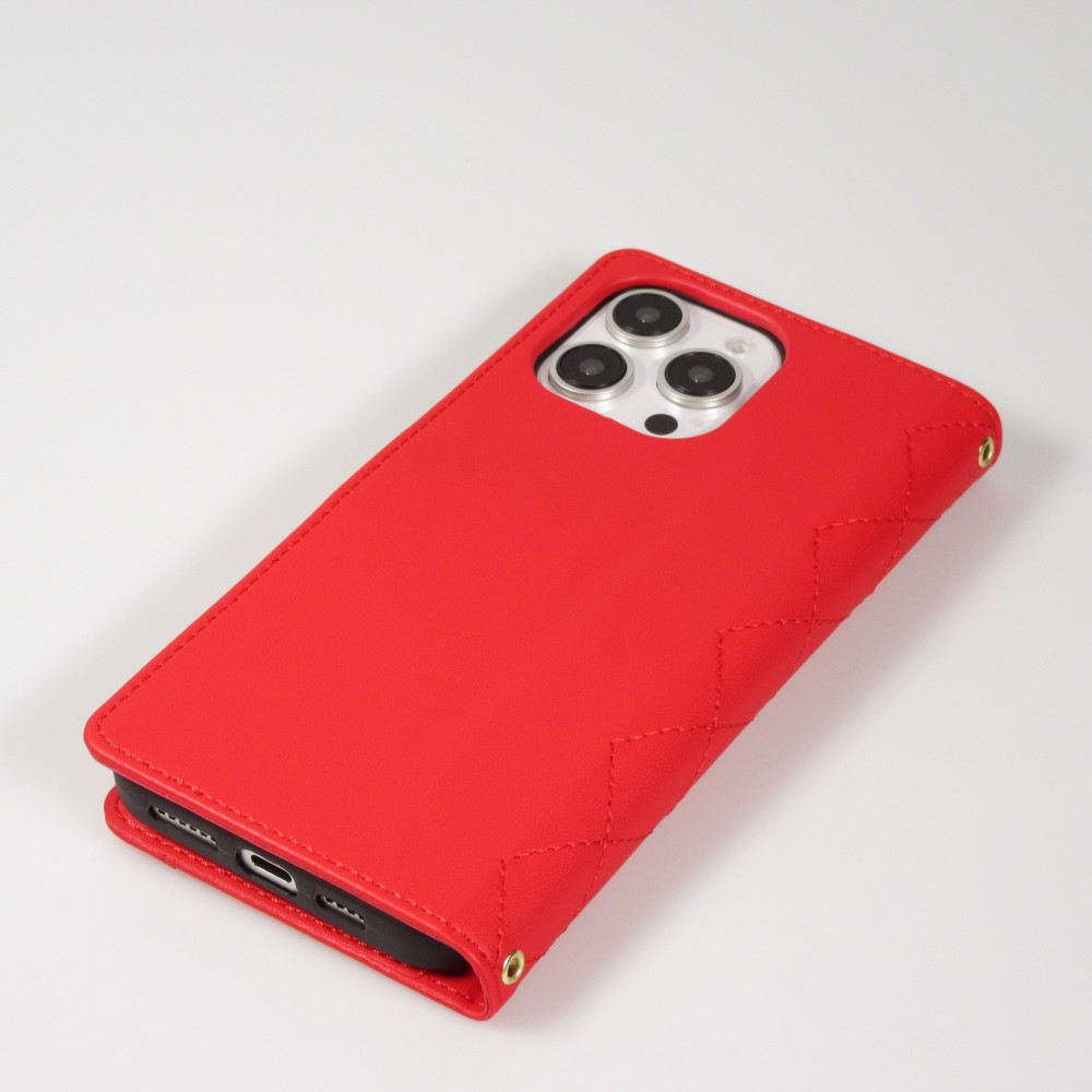 iPhone 16 Pro Case Hülle - Elegante Flip-Matratze mit Magnetverschluss Trageband und Kartenfächern - Rot
