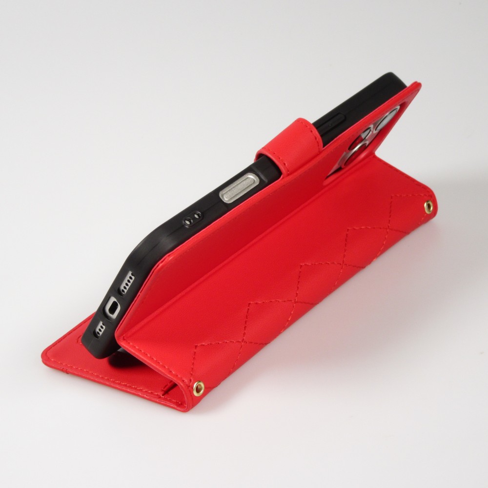 iPhone 16 Pro Case Hülle - Elegante Flip-Matratze mit Magnetverschluss Trageband und Kartenfächern - Rot