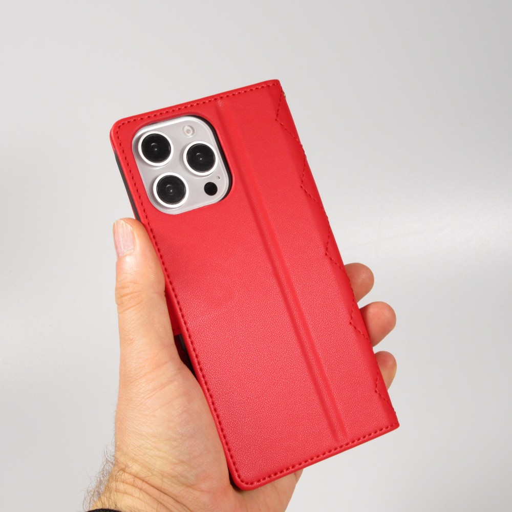 iPhone 16 Pro Case Hülle - Elegante Flip-Matratze mit Magnetverschluss Trageband und Kartenfächern - Rot