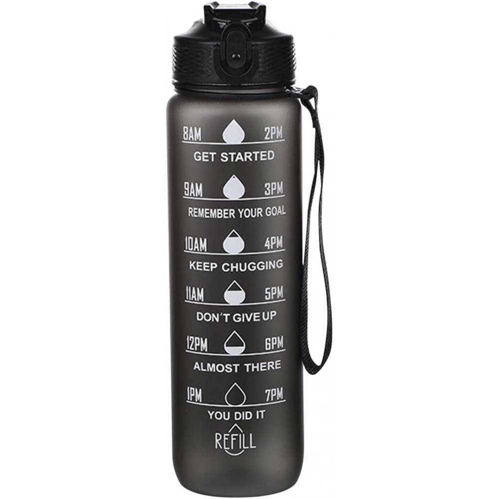 Grande gourde sport 1000ml Stay Hydrated avec motivation à boire et bouchon de sécurité - Noir