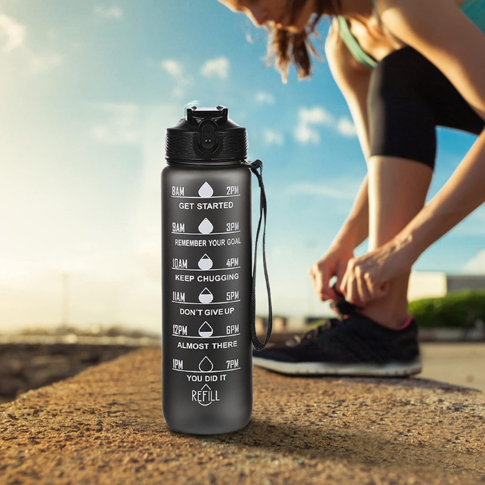 Grande gourde sport 1000ml Stay Hydrated avec motivation à boire et bouchon de sécurité - Noir
