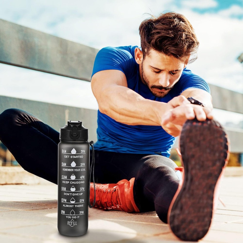 Grande gourde sport 1000ml Stay Hydrated avec motivation à boire et bouchon de sécurité - Noir
