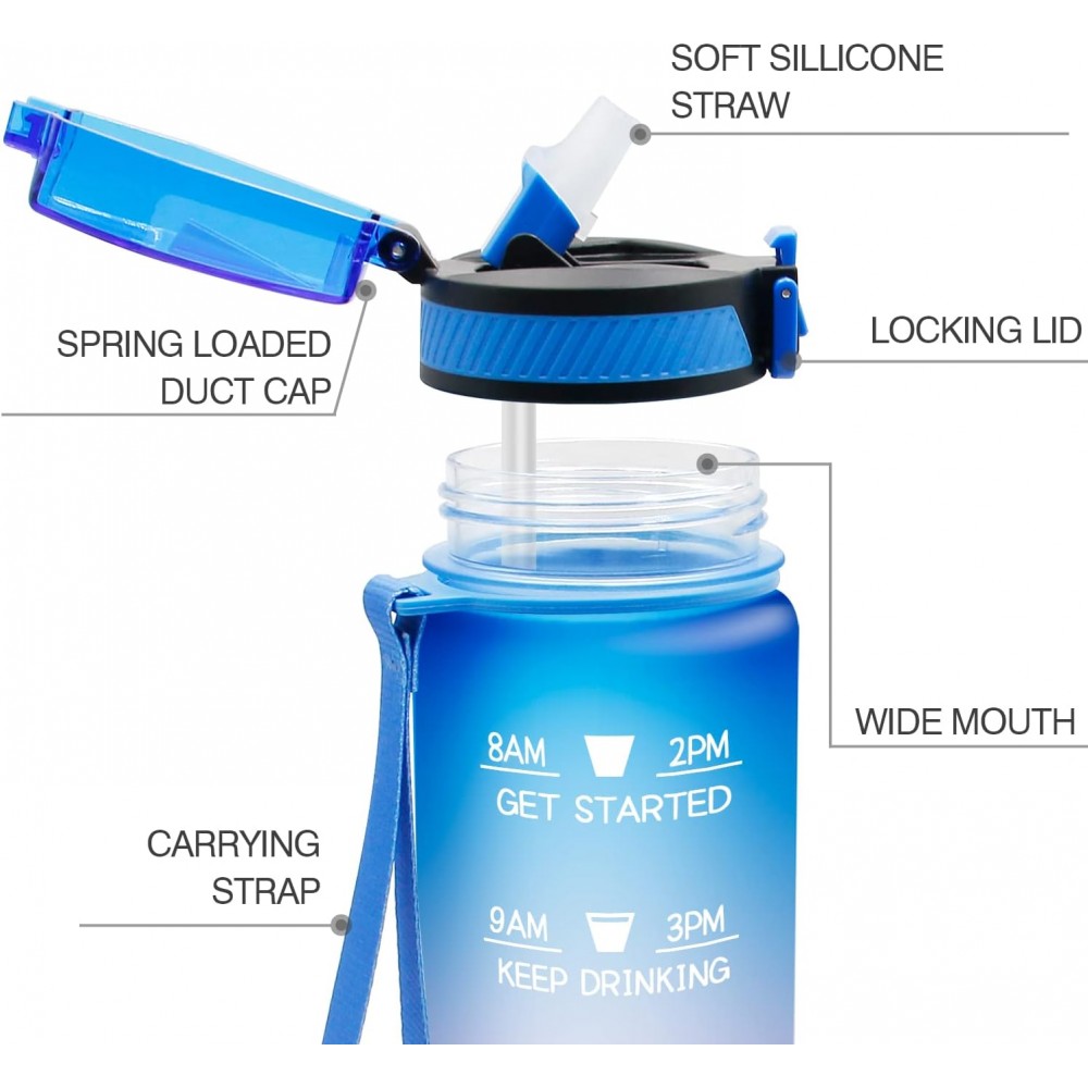 Grande gourde sport 1000ml Stay Hydrated avec motivation à boire et bouchon de sécurité - Noir