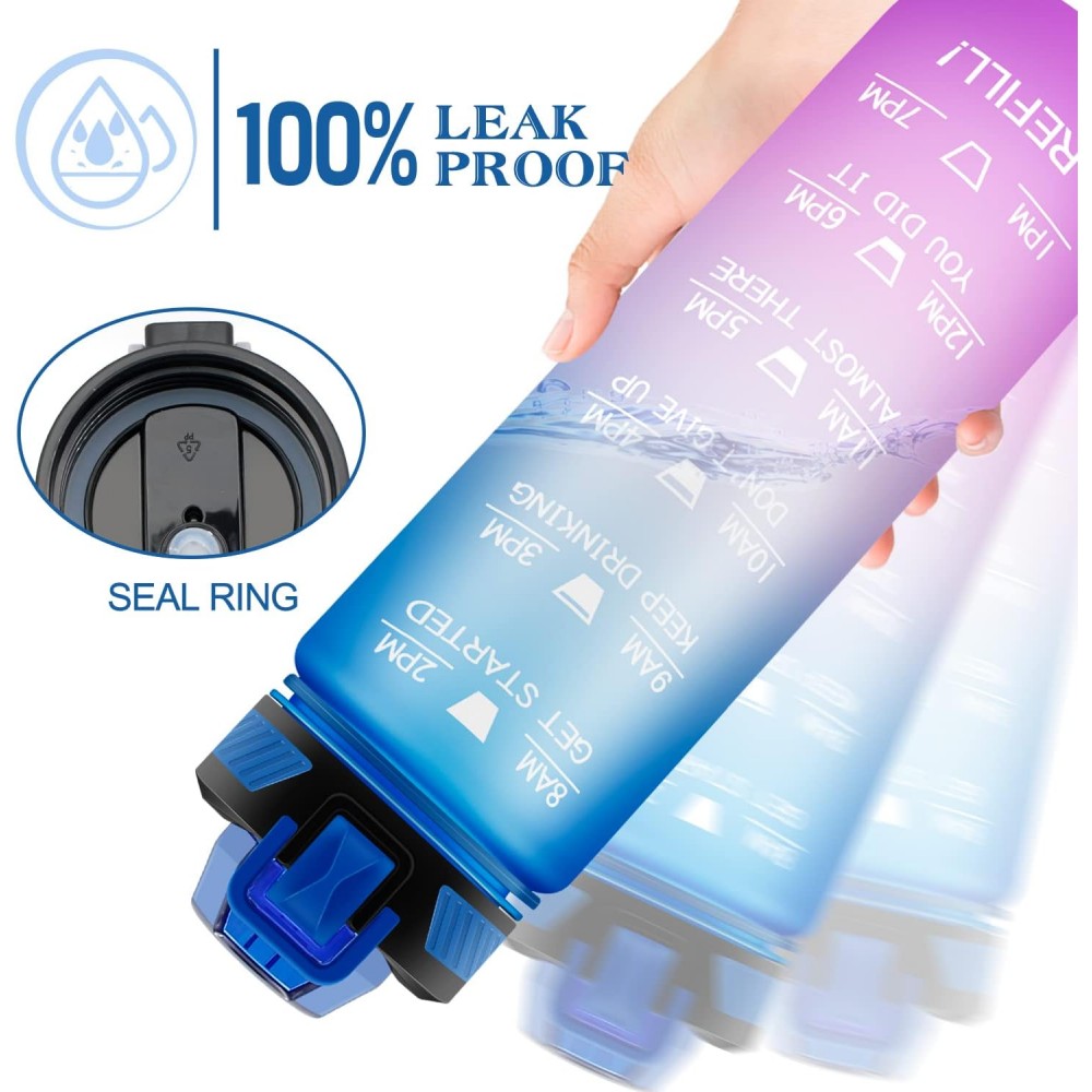 Grande gourde sport 1000ml Stay Hydrated avec motivation à boire et bouchon de sécurité - Noir