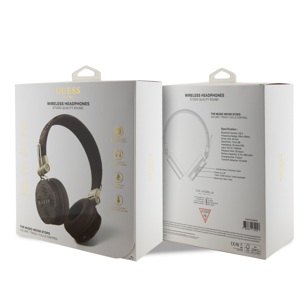 Guess casque audio premium sans fil On-Ear headphones Bluetooth 5.3 - Studio Quality Sound - Cuir monogramme - Brun