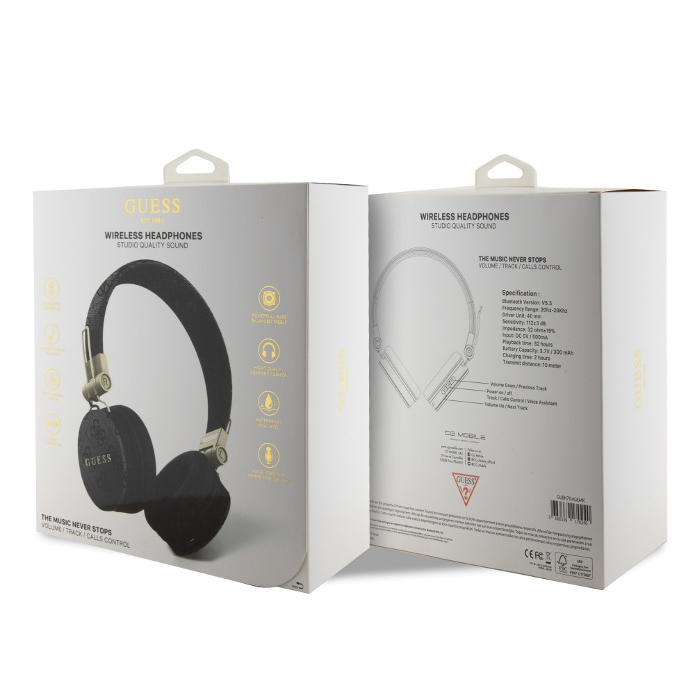 Guess casque audio premium sans fil On-Ear headphones Bluetooth 5.3 - Studio Quality Sound - Cuir monogramme - Noir
