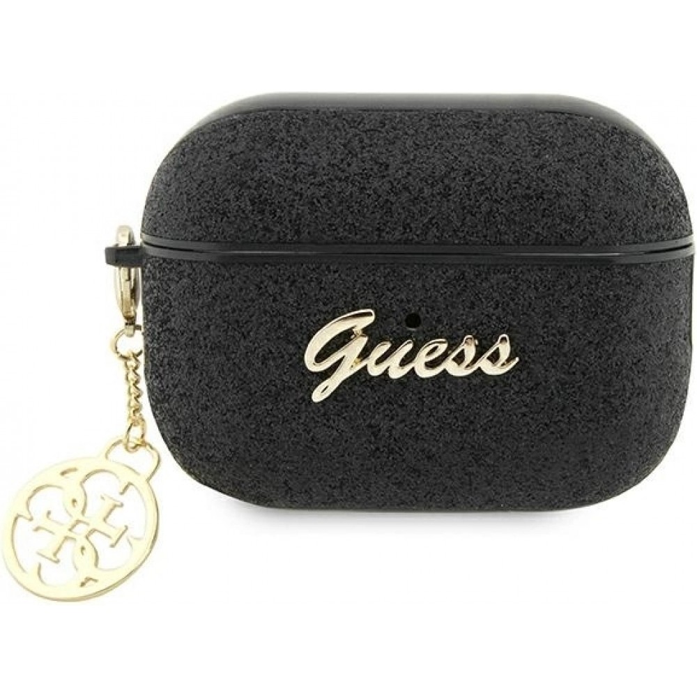 Coque AirPods Pro / Pro 2 - Guess paillettes avec logo en métal doré - Noir