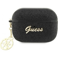 Coque AirPods Pro / Pro 2 - Guess paillettes avec logo en métal doré - Noir