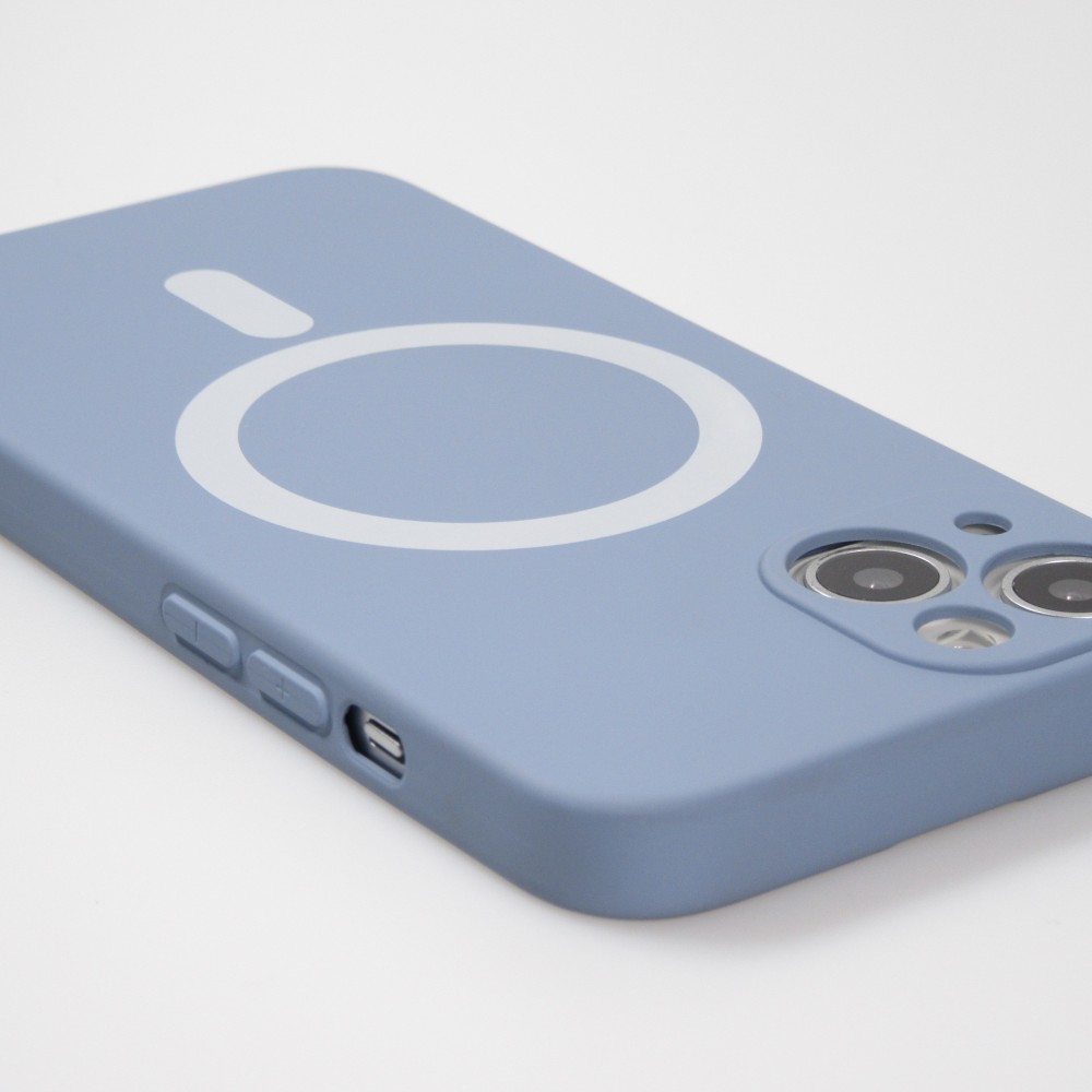 Housse iPhone 15 - Coque en silicone souple avec MagSafe et protection pour caméra - Bleu gris