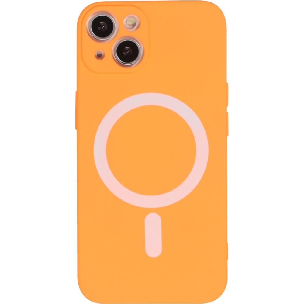 Housse iPhone 15 Plus - Coque en silicone souple avec MagSafe et protection pour caméra - Orange