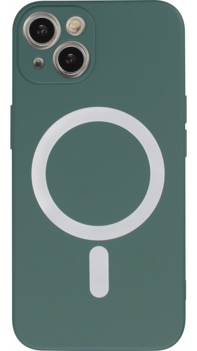 Housse iPhone 15 - Coque en silicone souple avec MagSafe et protection pour caméra - Vert foncé