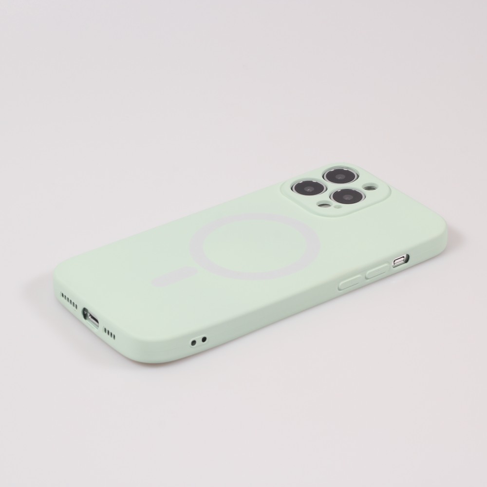 Housse iPhone 15 - Coque en silicone souple avec MagSafe et protection pour caméra - Vert clair