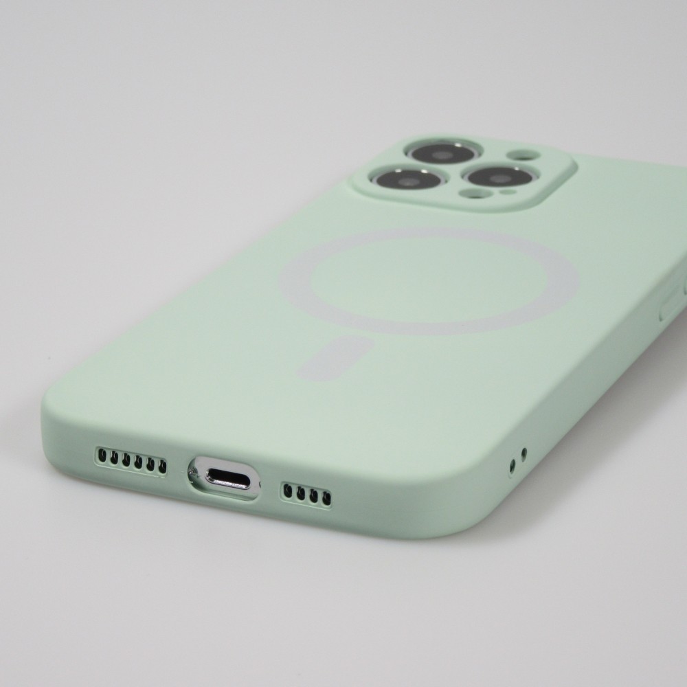 Housse iPhone 15 - Coque en silicone souple avec MagSafe et protection pour caméra - Vert clair