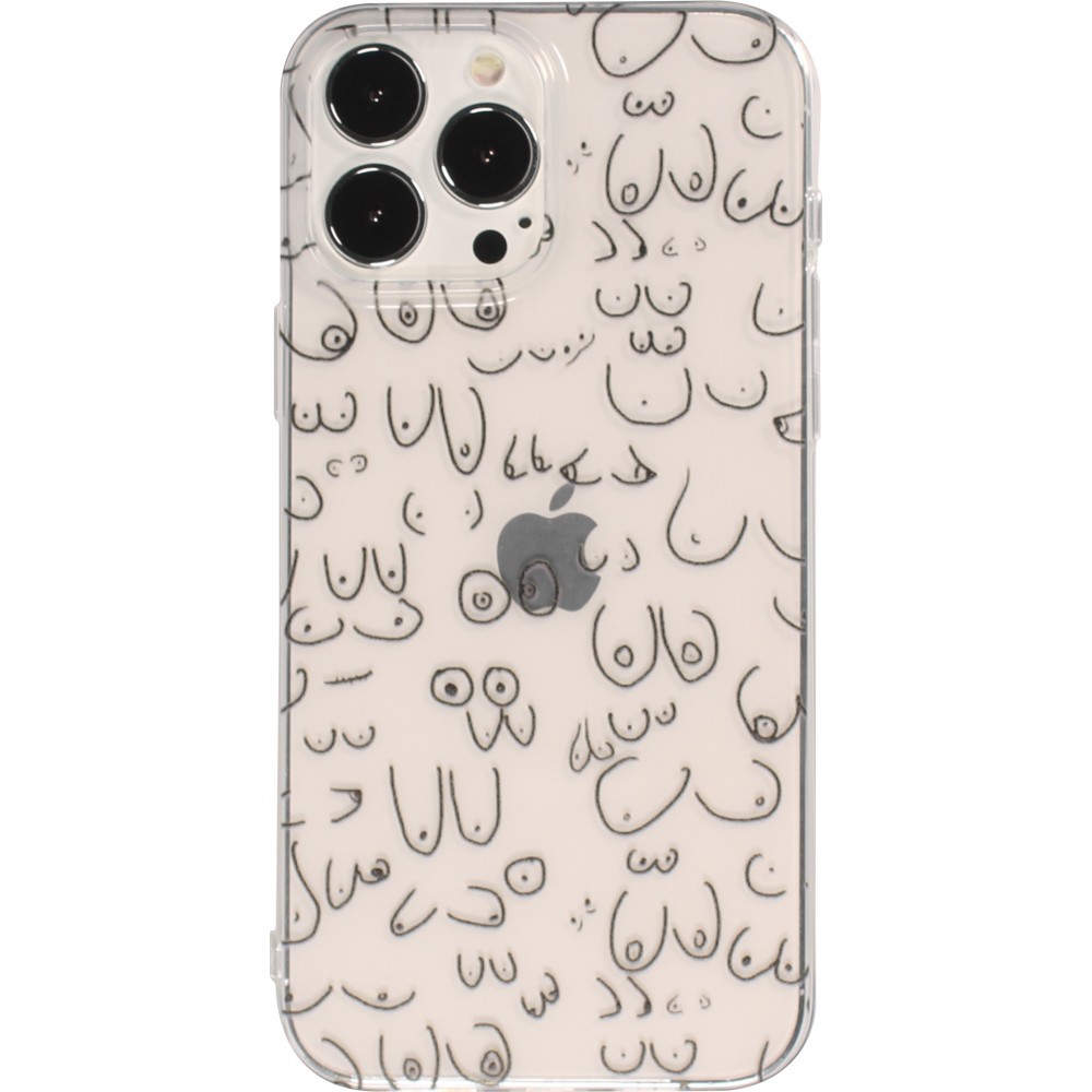 Housse iPhone 13 Pro Max - Cover silicone flexible funny cartoon seins tattoo - Transparent