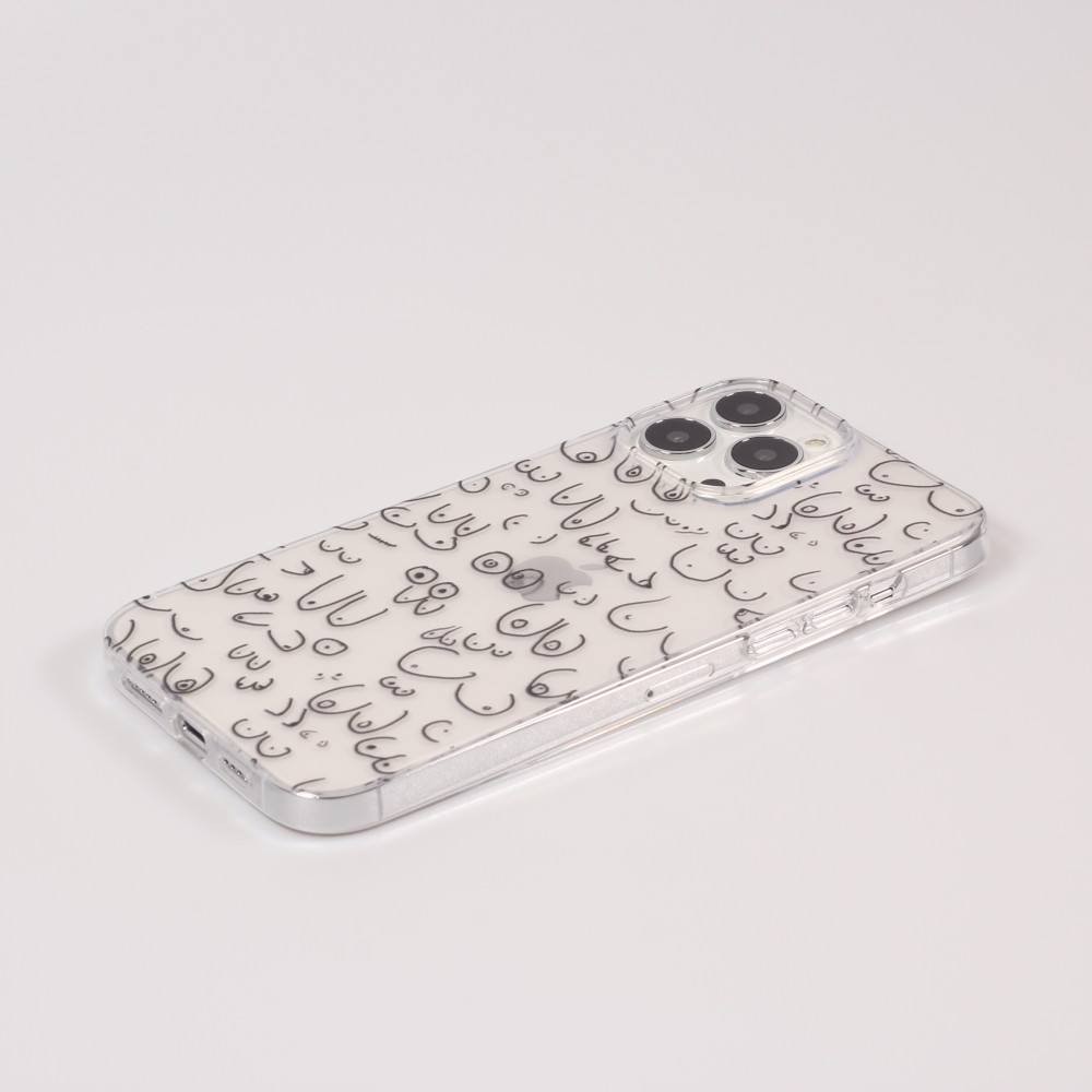 Housse iPhone 13 Pro Max - Cover silicone flexible funny cartoon seins tattoo - Transparent