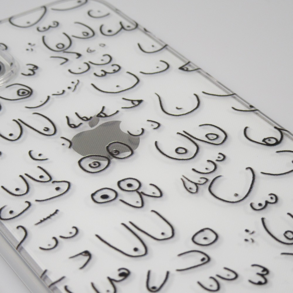 Housse iPhone 13 Pro Max - Cover silicone flexible funny cartoon seins tattoo - Transparent
