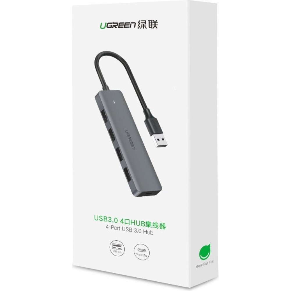 Hub USB Ugreen 4x USB3.2 haute performance transfert rapide 5Gbps avec connecteur d'alimentation micro USB - Gris