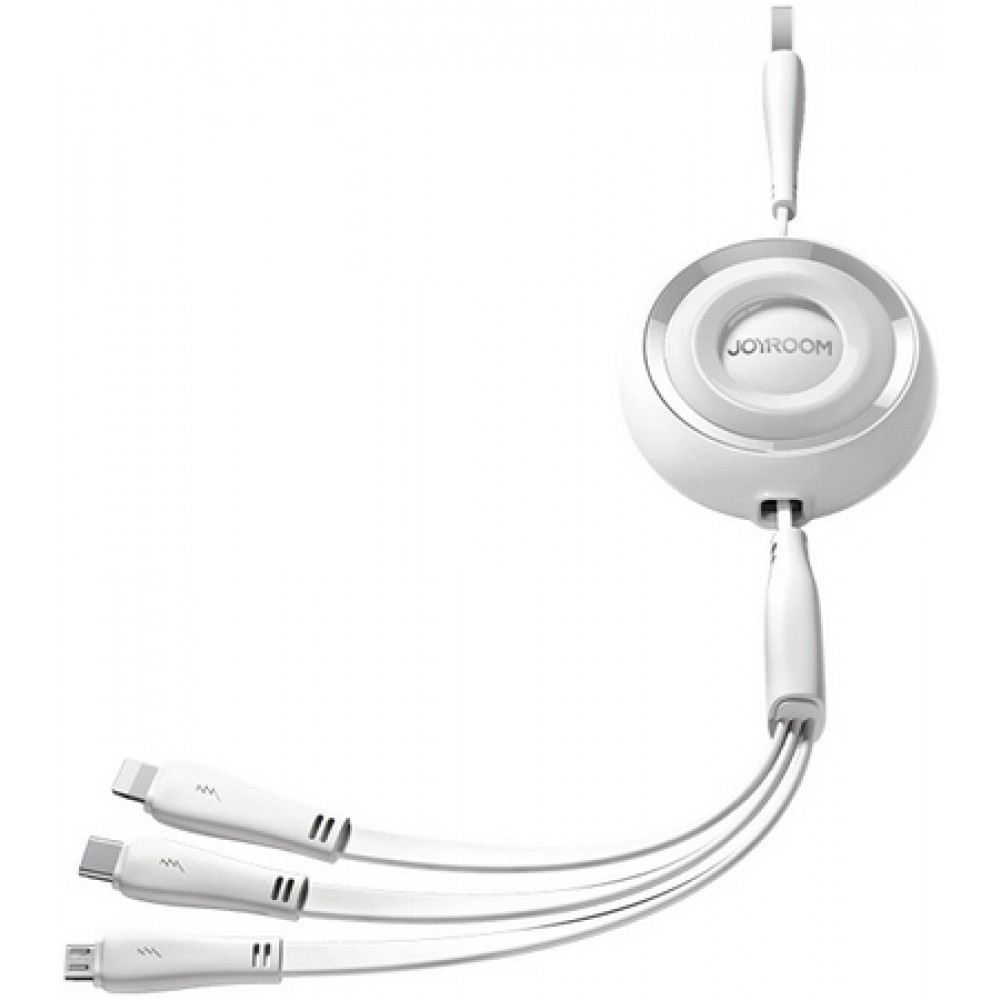 Joyroom 3 en 1 câble rétractable 1m USB-A vers USB-C + Lightning + microUSB - Blanc