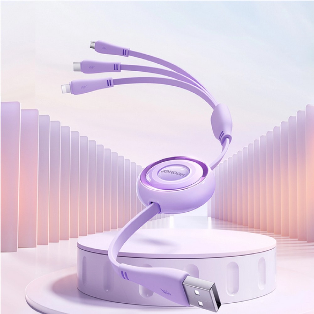 Joyroom 3 en 1 câble rétractable 1m USB-A vers USB-C + Lightning + microUSB - Blanc