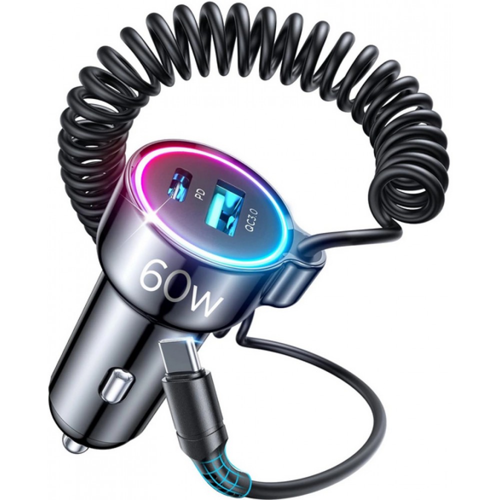 Joyroom Adaptateur allume-cigare 3en1 60W Fast Charger avec câble USB-C intégré & port USB-C + USB-A QC3.0 (JR-CL07)