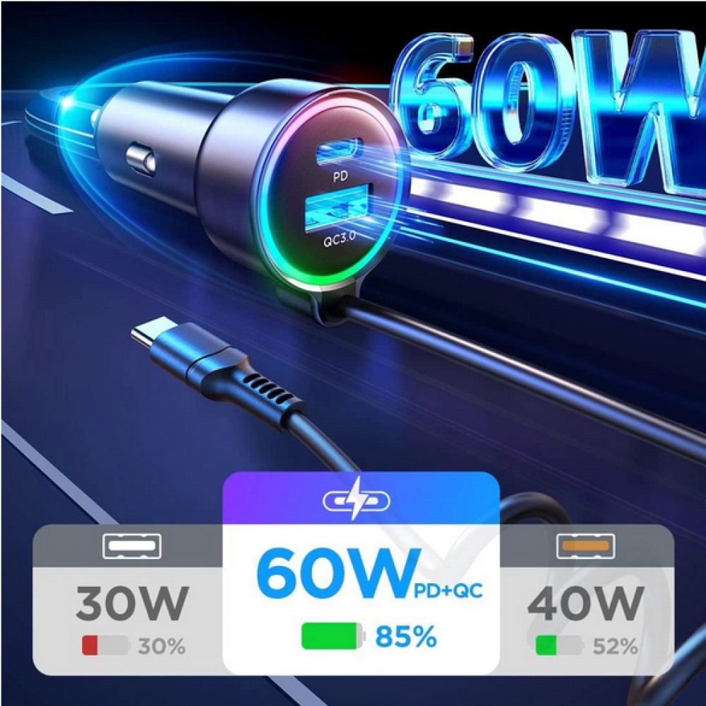 Joyroom Adaptateur allume-cigare 3en1 60W Fast Charger avec câble USB-C intégré & port USB-C + USB-A QC3.0 (JR-CL07)