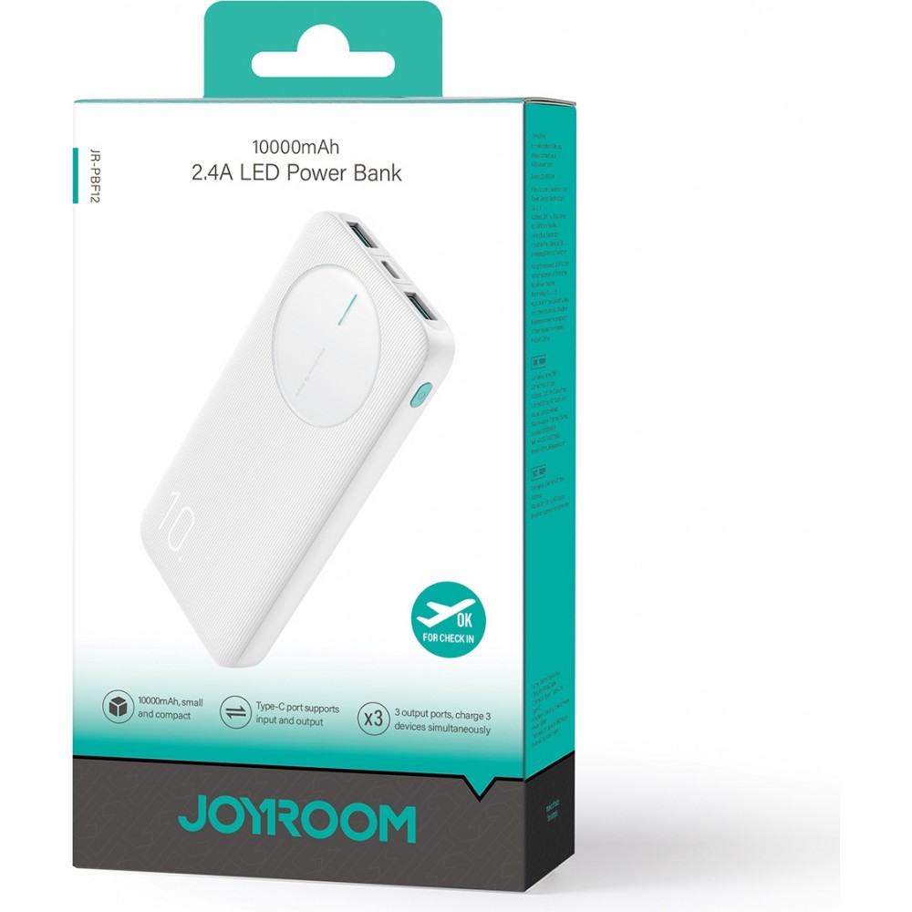 Joyroom 3 in 1 Powerbank mit 10000mAh Kapazit&auml;t clean Design 2x USB-A 2.4 & 1x USB-C (In+Out) - Weiss