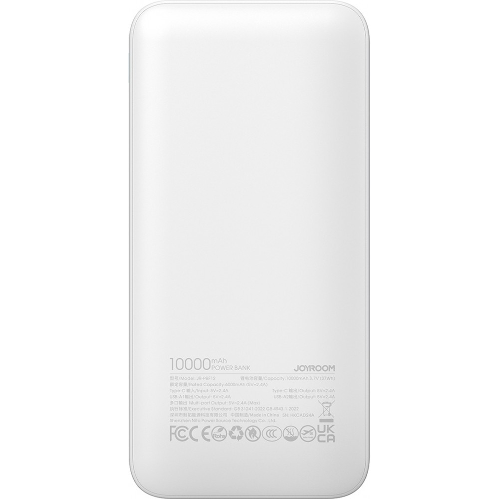 Joyroom 3 in 1 Powerbank mit 10000mAh Kapazit&auml;t clean Design 2x USB-A 2.4 & 1x USB-C (In+Out) - Weiss