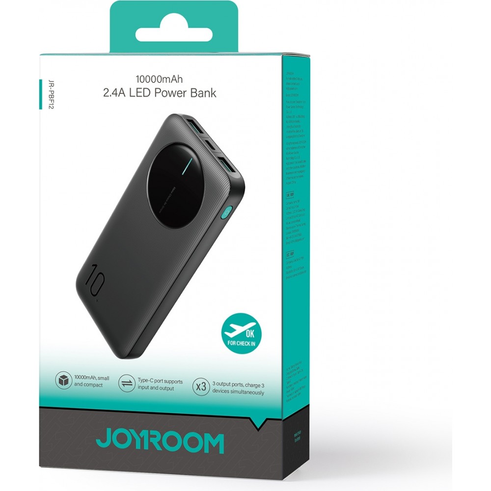 Joyroom Powerbank 3 en 1 avec capacit&eacute; de 10000mAh clean Design 2x USB-A 2.4 & 1x USB-C (In+Out) - Noir