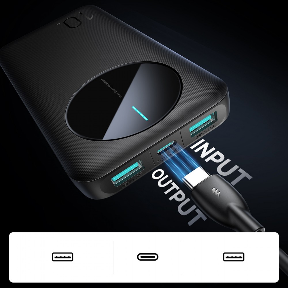 Joyroom Powerbank 3 en 1 avec capacit&eacute; de 10000mAh clean Design 2x USB-A 2.4 & 1x USB-C (In+Out) - Noir